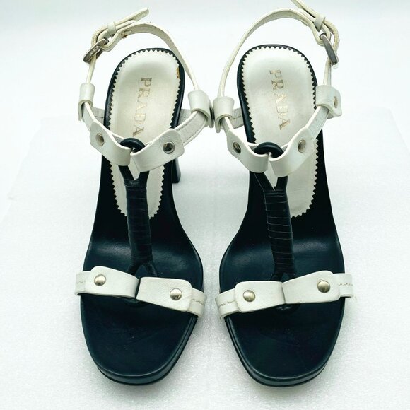 Prada women's strap heel sandals black & white size EU35.5 (US 5.5) - Picture 1 of 9